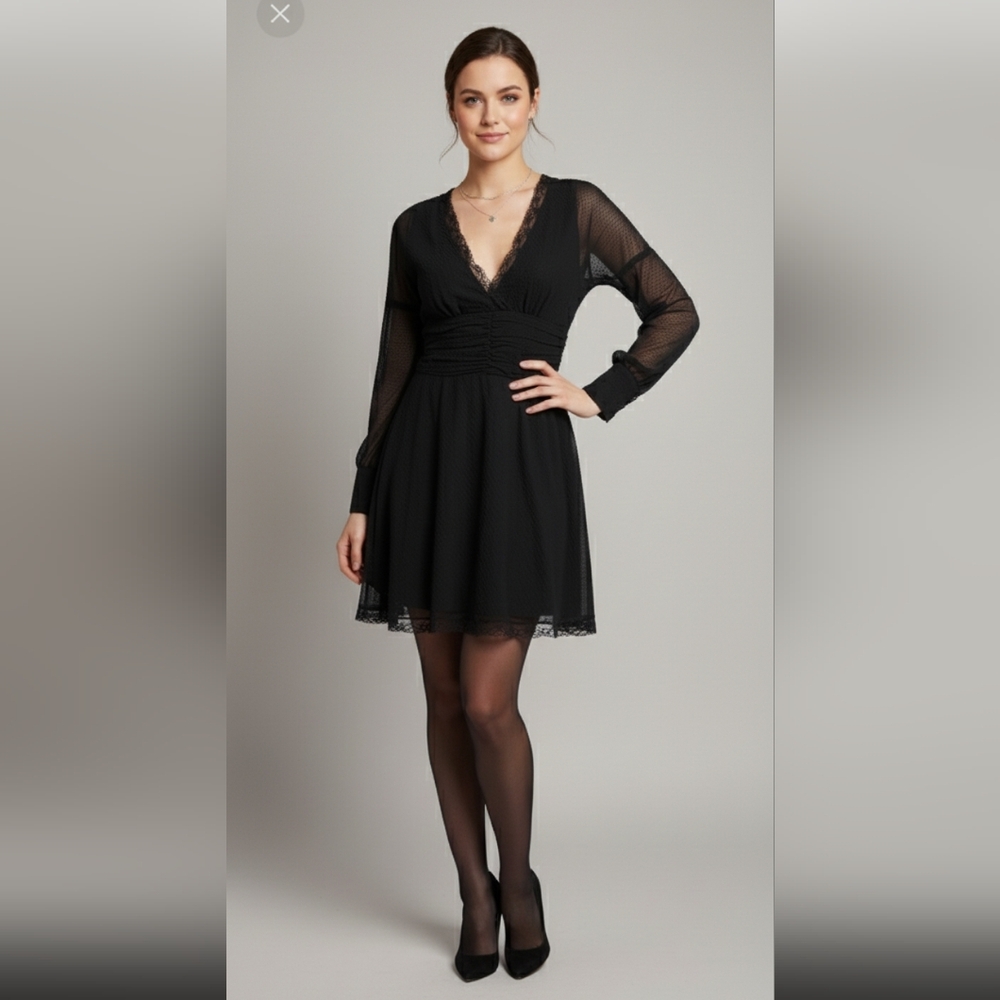 Rinascimento Black V-Neck Bishop Sleeve Sheer  Cocktail dress S